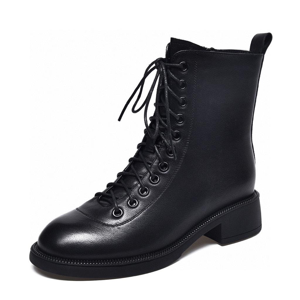 Lederstiefel Damenstiefel Herbst und Winter Riemen Martin Stiefel Erste Schicht Rindsleder runde Spitze seitlicher Reißverschluss flache Sohle Lokomotivstiefel