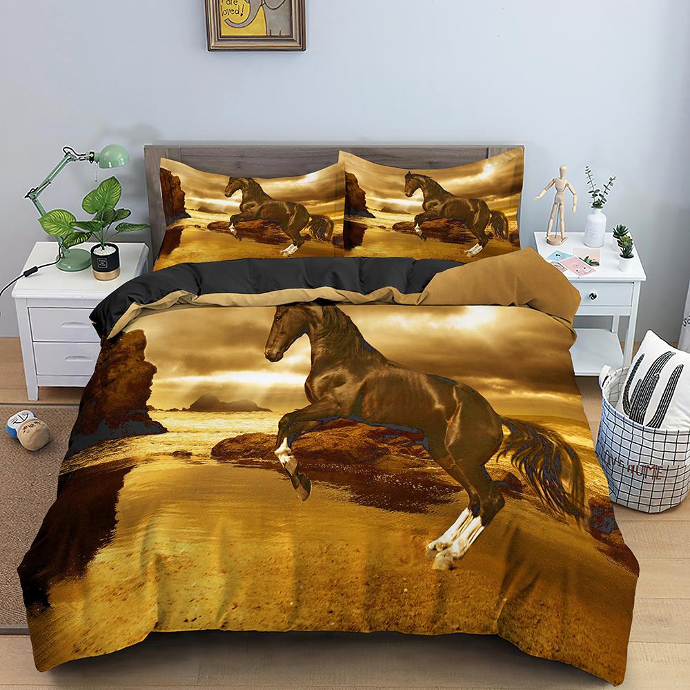 3D Horse Duvet Cover King Queen Size Black White Thoroughbreds Bedding Set For Teens Adults Animal 2/3pcs Polyester Quilt Cover