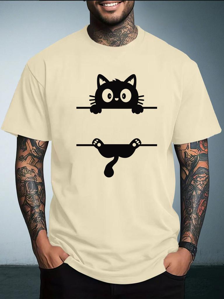 Unisex Summer Crew Neck T Shirt Cute Split Black Cat Graphic Print Loose Short Sleeve Casual Streetwear Daily Wear Tops