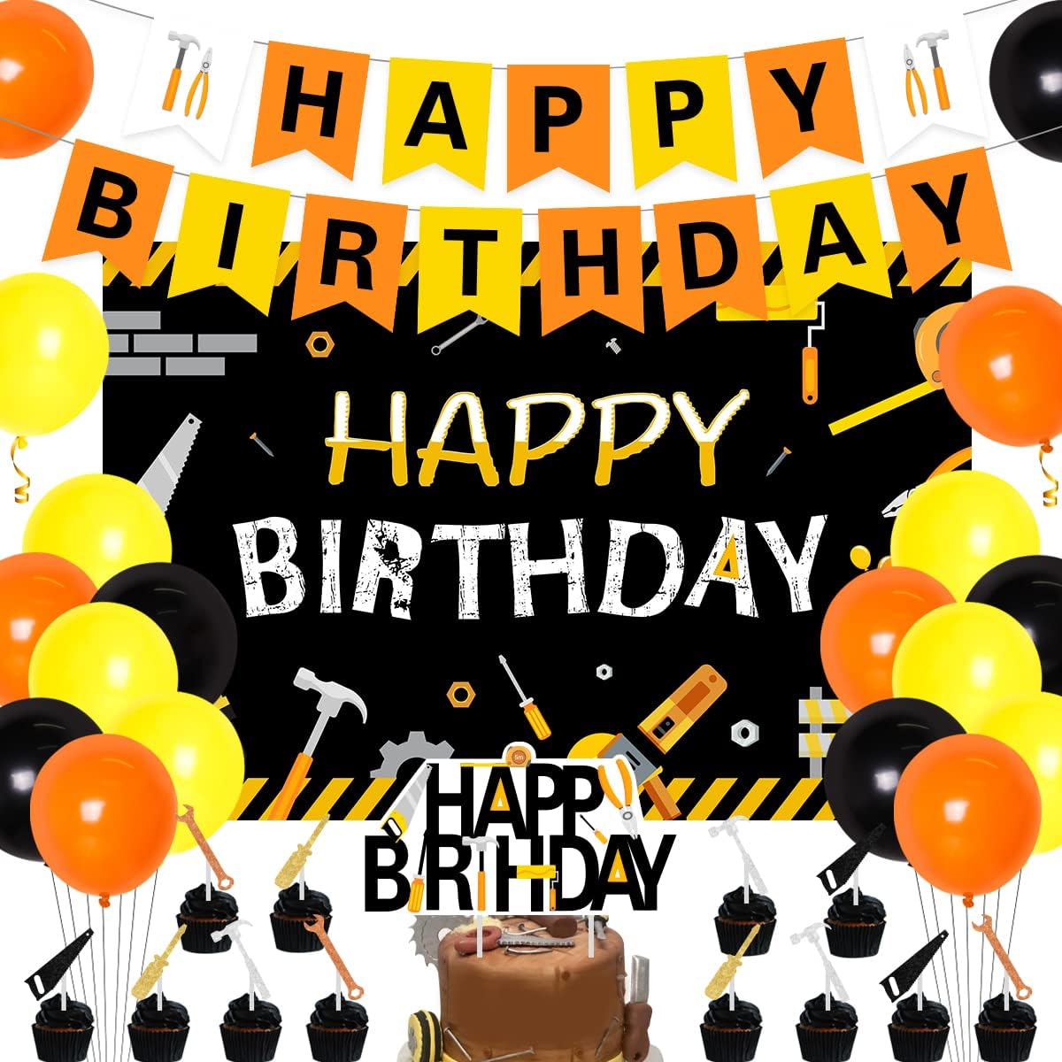 Tools Birthday Party Decorations for Boys Man Tools Happy Birthday Black and Orange Backdrop Tools Happy Birthday Banner Tools Birthday Dessert Table