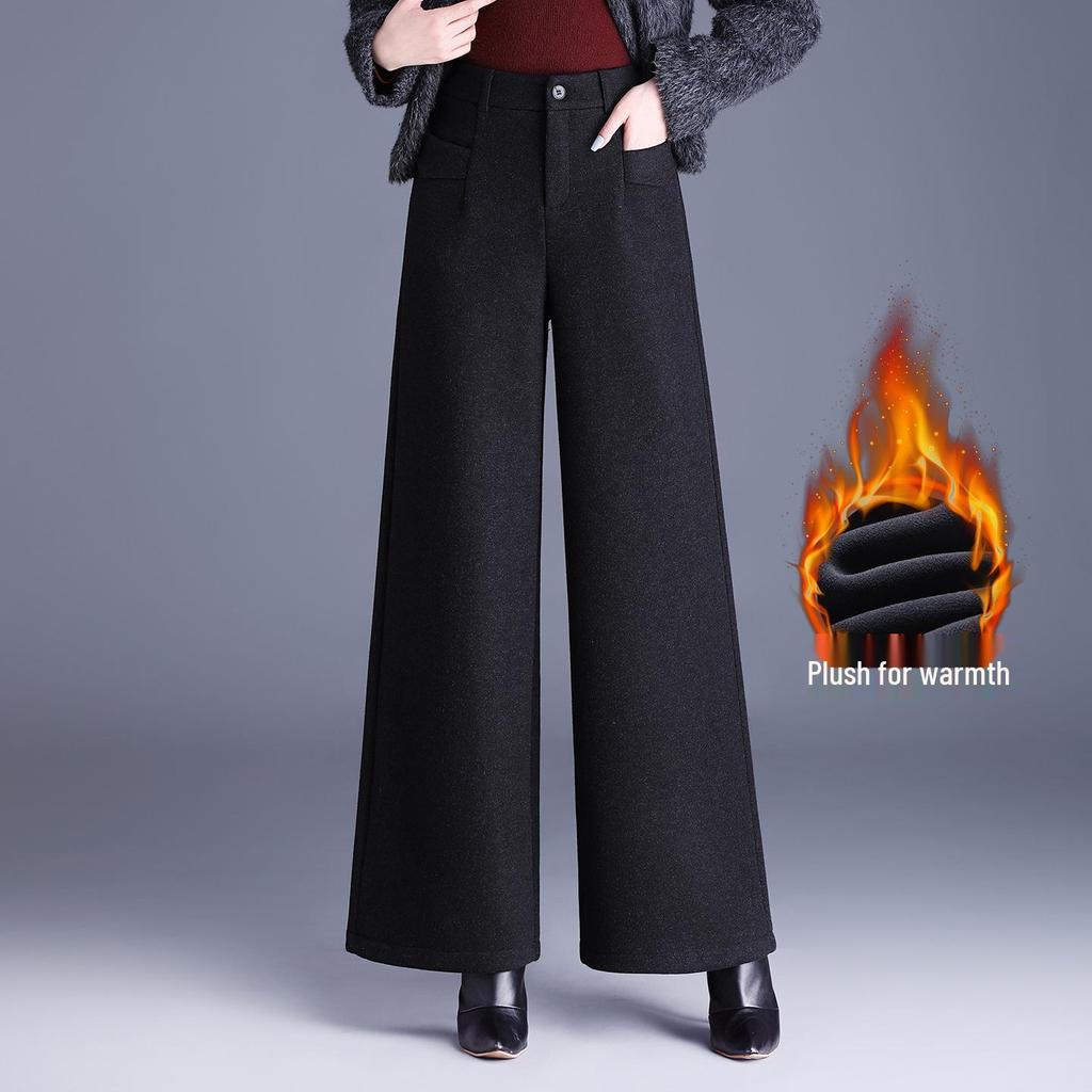 High-Waisted Woolen Wide-Leg Pants with Fleece Lining - Versatile & Fashionable Winter 2025 Style