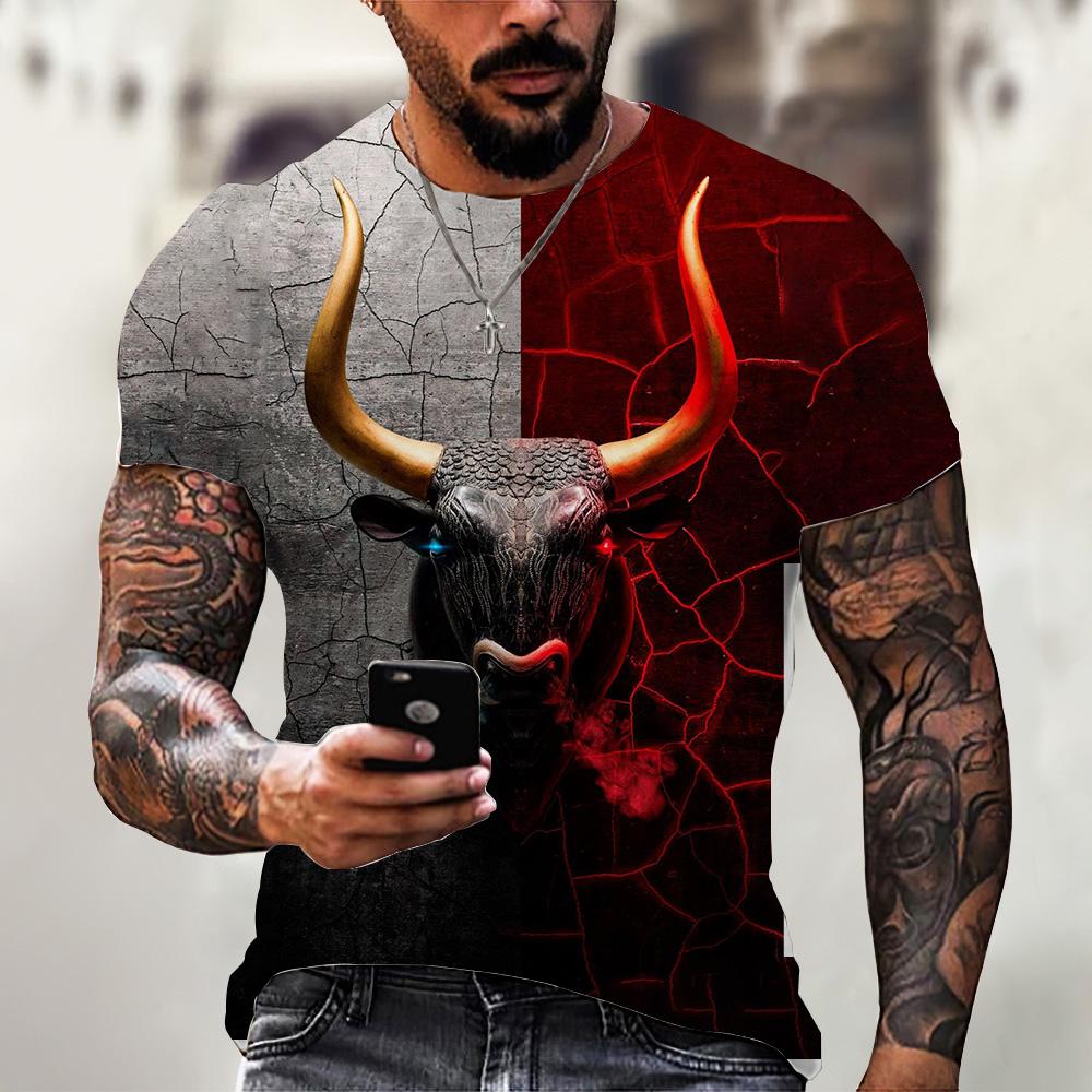 Summer Round Neck 3D Bull Pattern Print Top Fashionable Casual Short Sleeved Men's T-shirts