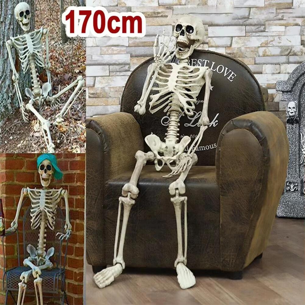 Halloween Skeleton Life Size Human Skeleton With Posable Joints Weather-Resistant Outdoor Decorations Spooky Photo Props Party
