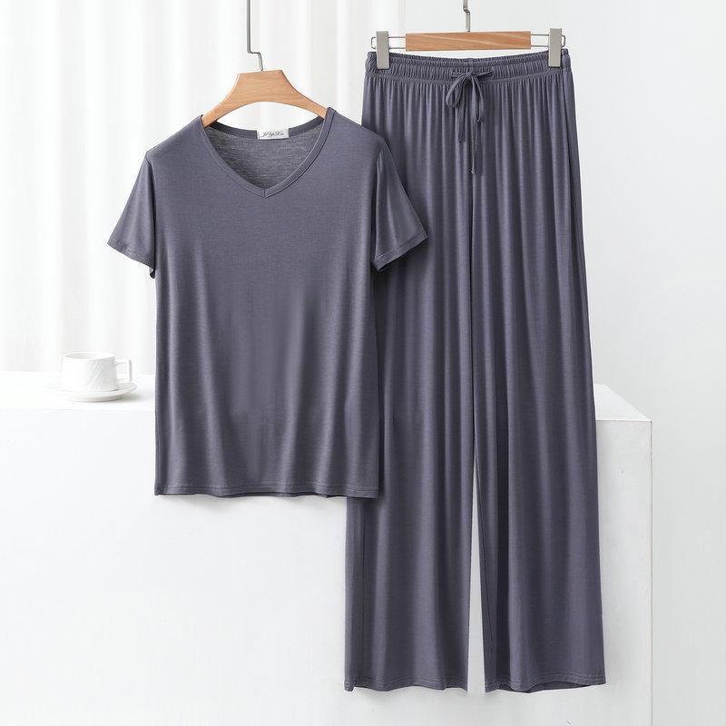 Modal Homewear 2pcs Pajamas Set Short Sleeve Tops and Trousers Solid Color Casual Loose Sleepwear Suit Plus Size Nightwear