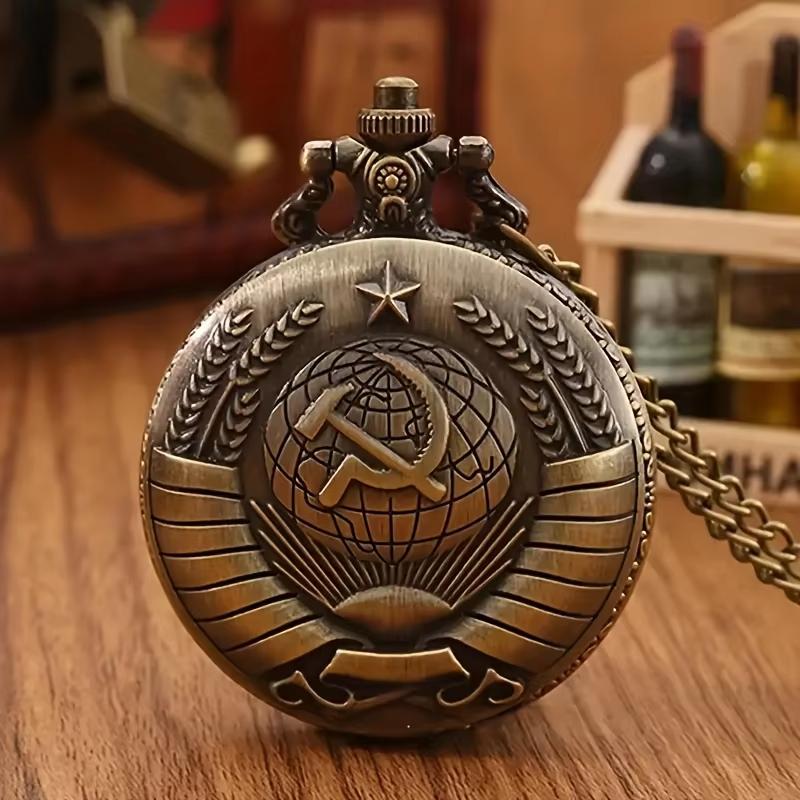 

Large hammer and sickle icon quartz pocket watch, gold earth pentagram wheat ear pocket watch hanging chain коричневий