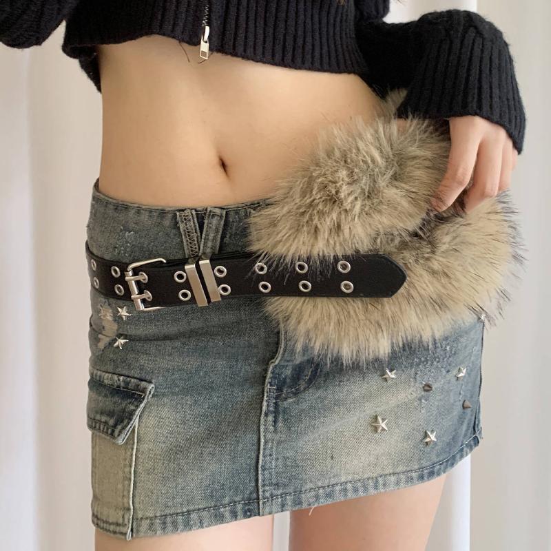 

Pu Studded Leather Fur Belt Faux Fur Spicy Girl Style Furry Waistband Korean Style Jeans Decor Y2K Waistband
