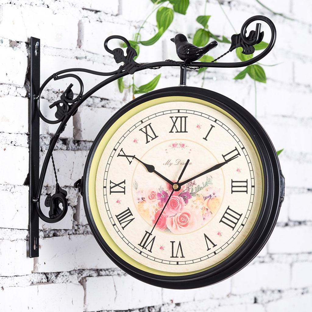 Iron Double Faced Retro Wall Hanging Clock Garden Decor, Pointer and Roman Number Dial