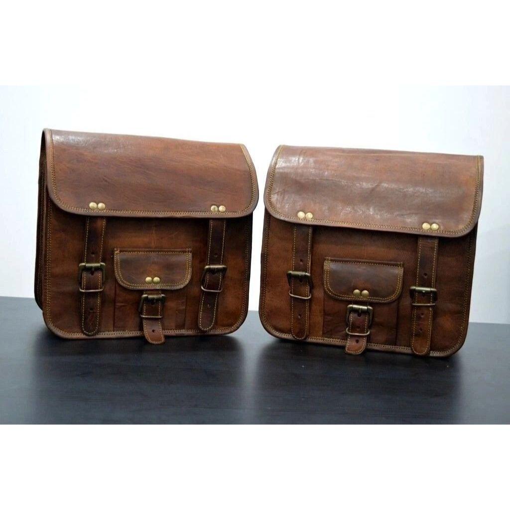 Motorcycle Goat Leather Panniers Handmade Pouch Side Real Saddlebag Bag Brown