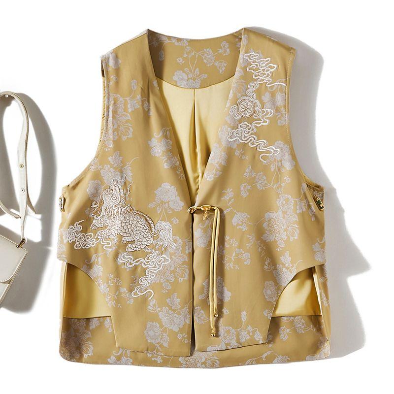 

Принт в китайском стиле с благоприятными облаками и темными линиями! Женский жилет из сатина, поплина и хлопка, асимметричный, пэчворк, с кисточками, пальто на пуговицах в виде китайского узла Ginger yellow L