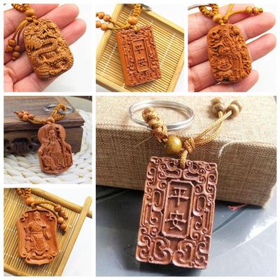 Chinese Dragon Statue Wood Carving Keyfob Feng Shui Peach Wood Carving Craft Lucky Handmade Traditional Durable Keychain