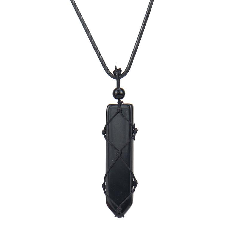 Hand-Woven Natural Stone Crystal Amethyst Sword-Shaped Mesh Pocket Pendant Necklace N578