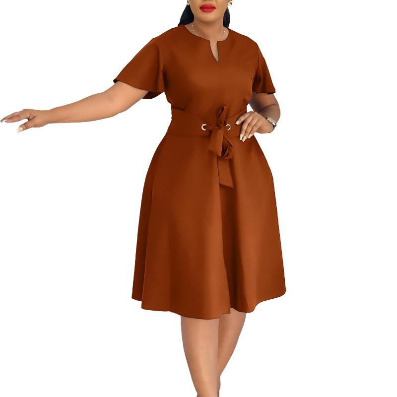 Women's Summer Fashion Temperament Solid Color Strap Short Sleeve Large Size Dress