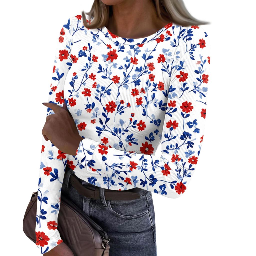 Women’s Casual Long Sleeve Ribbed Crew Neck Top with Floral Print Pullover Lightweight Stretchy Knitwear for Daily Wear