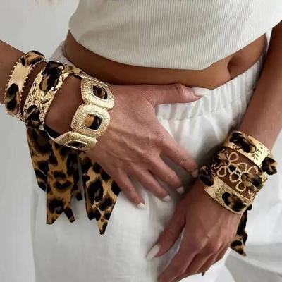 IngeSight.Z 7 Stil Leopardenmuster Seidenschal Manschette Armreif Retro Ethnisch Gepunktet Bandumwickelt Breites Armband Armband Schmuck