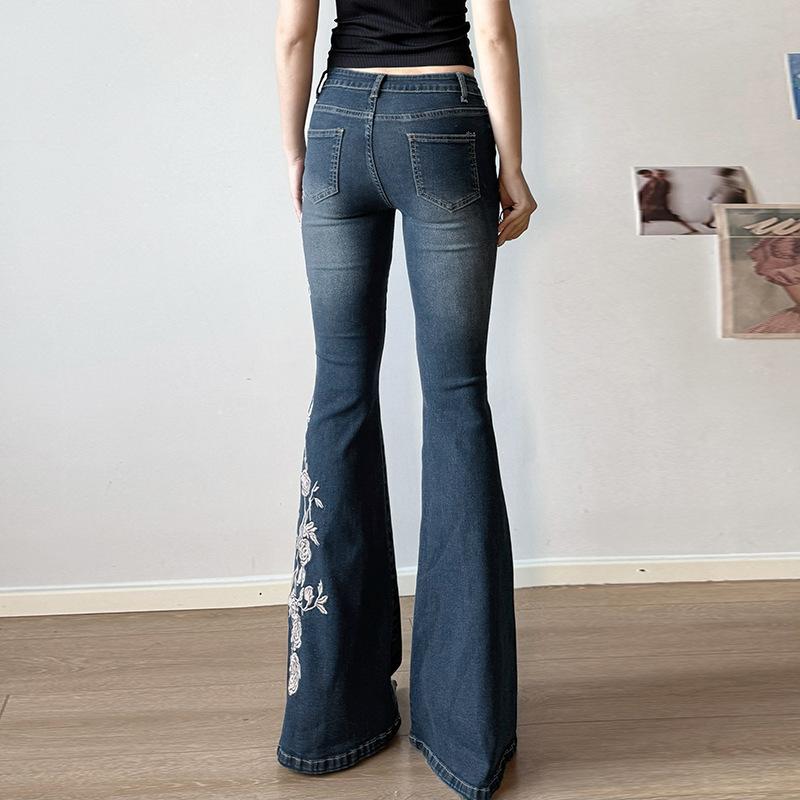 Plant Printed Embroidery Y2K Flare Jeans Women Vintage Skinny Boot Cut Trousers Fashion Street 2000s Denim Pants Fall