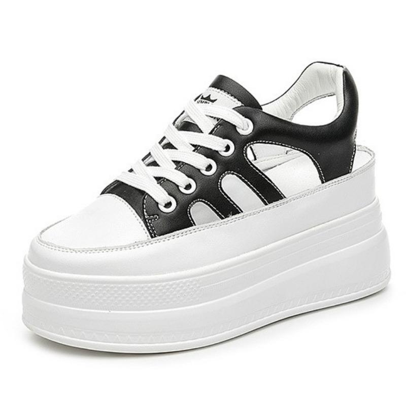 Fashion 9cm Hollow Full Cow Genuine Leather Women Summer Shoes Platform Sneakers Wedge Hidden Heel Women Summer Sandals Platform