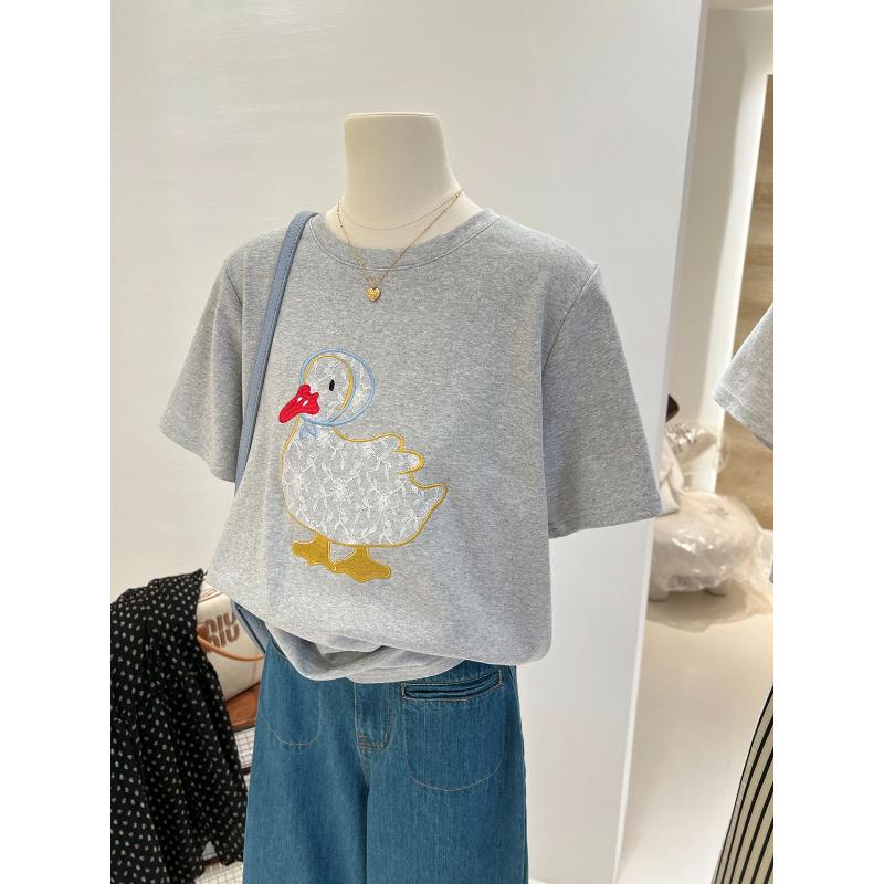 T-shirt d'été décontracté pour femme avec graphique de canard brodé, col rond, manches courtes, coupe ample