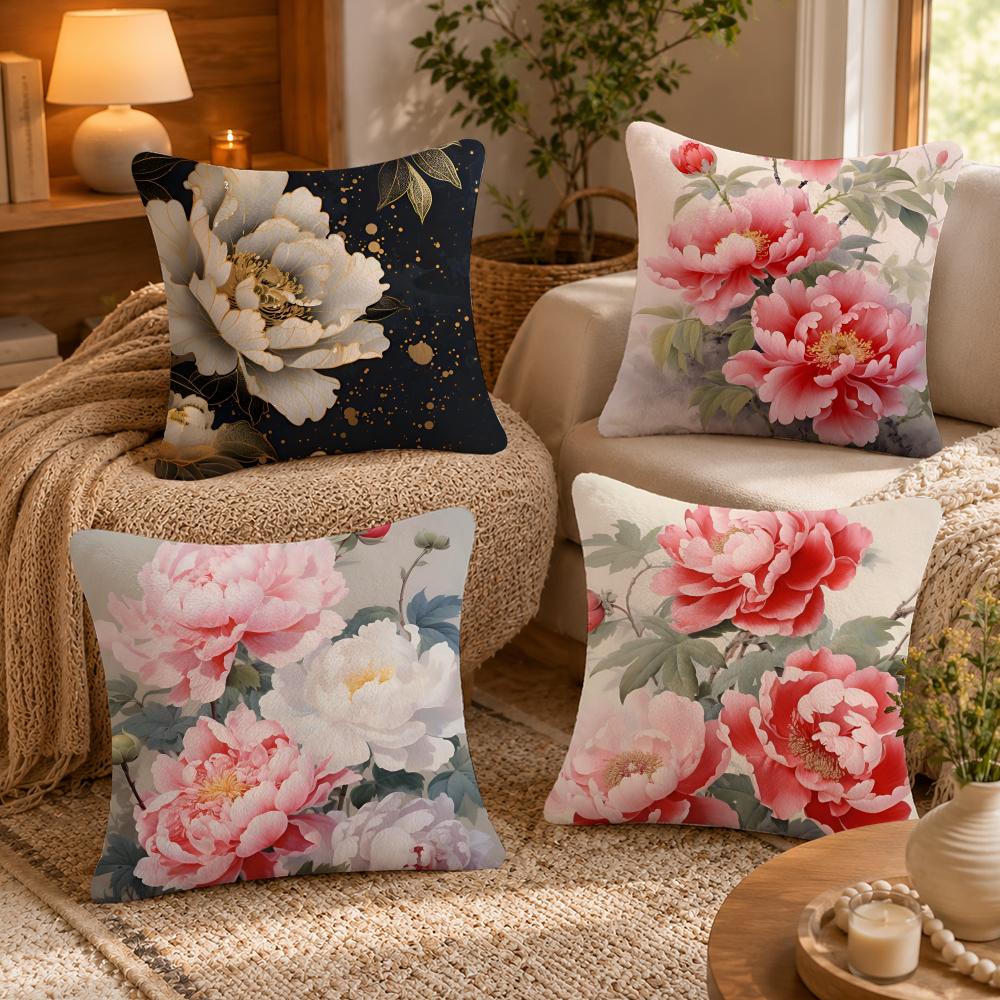 Peony Cushion Cover Anti-dustmite Pillowcase Invisible Zipper Silky Short Plush Sofa Cushion Cover