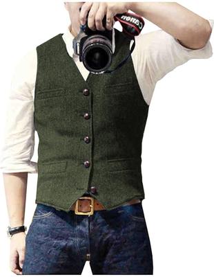 Green Red Blue Men's Casual Classic Suit Vest V Neck Herringbone Tweed Slim Fit Business Waistcoat Wedding