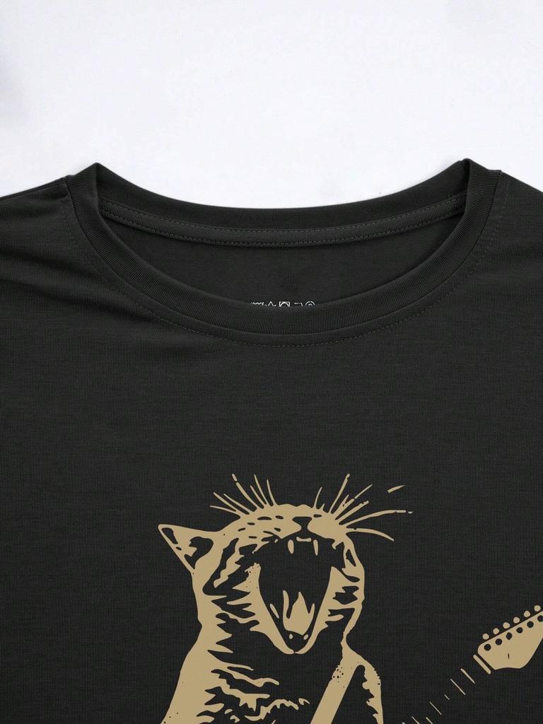 Cat Playing The Guitar Painting Women T-Shirt Summer Casual Street Short Sleeve Tops Fashion Oversize Soft Female Tees Clothes