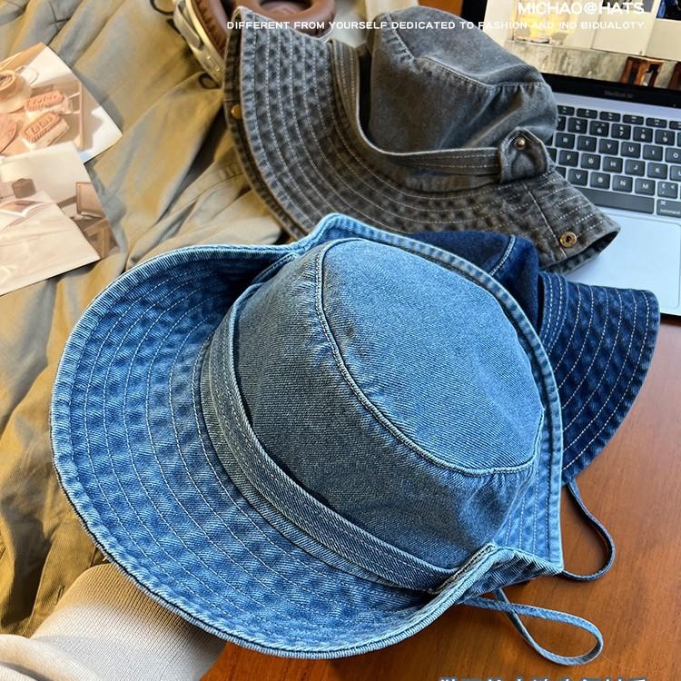 Denim Bucket Hat Women's New Retro Washed Mountaineering Hat Ins Show Face Small Sun Protection and UV Protection
