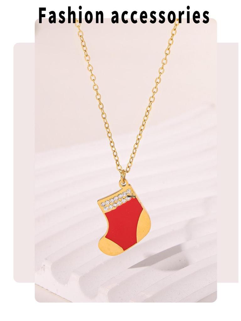 Oumaijia Christmas Zircon Pendant Necklace with Red Socks Charm, Gold-Plated Stainless Steel