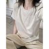 Damen Unifarben Locker Rundhals Baumwolle Kurzarm Vielseitiges T-Shirt Top