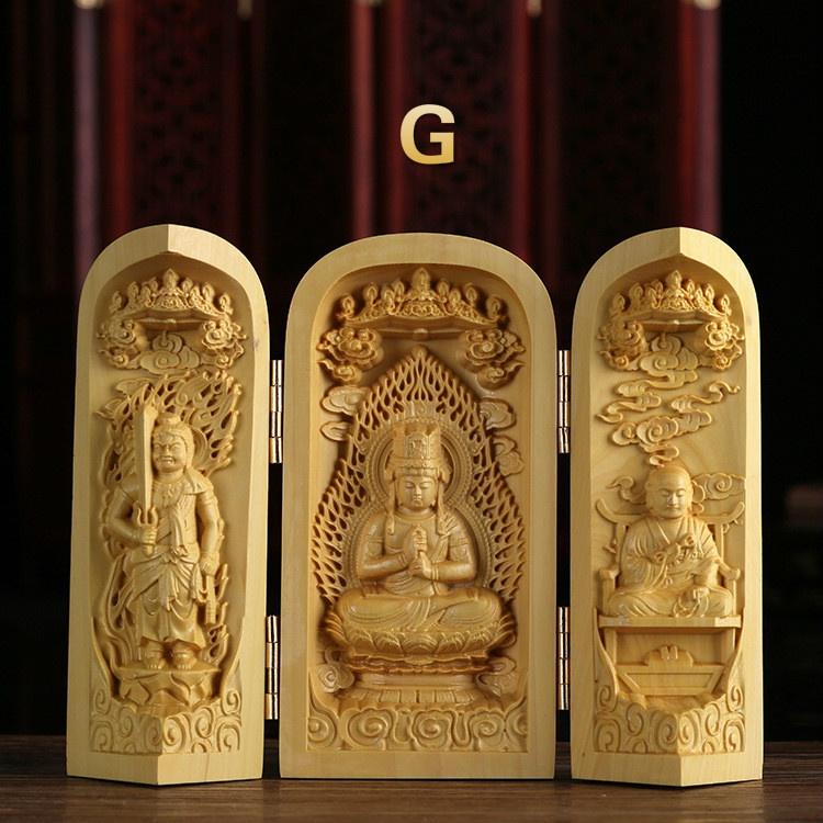 1 Stück Exquisite Buchsbaum-Schnitzerei Guanyin Buddha Statue Westliche Drei Heilige Holzschnitzkunst Handwerk Heimdekoration
