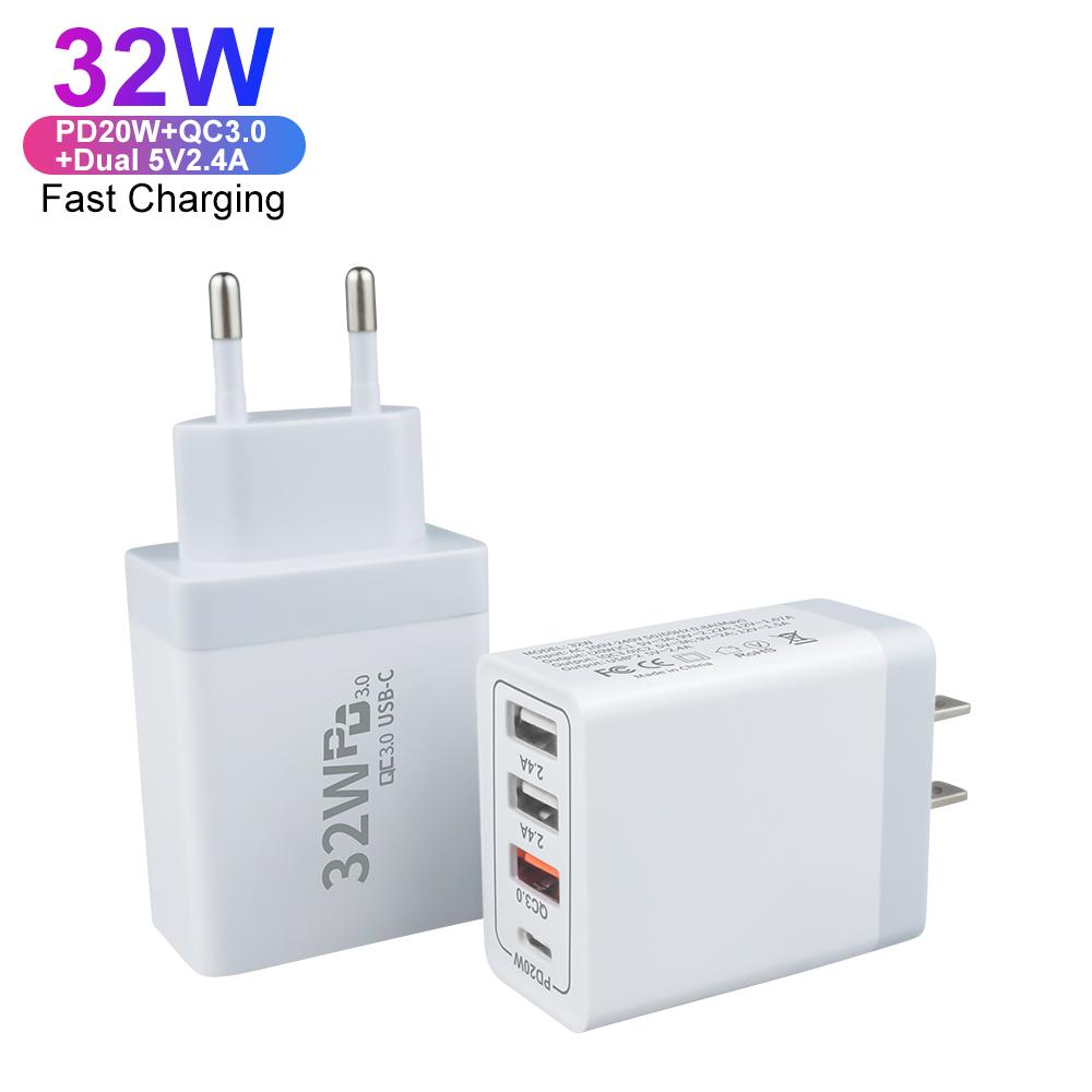 EU US Plug PD QC3.0 4 Port Charger 20W Charger Type C USB C Fast Charger Type-C Fast Charging Adapter for Apple IPhone Android