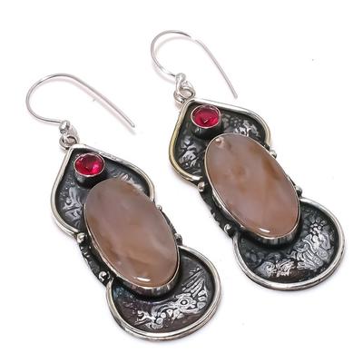 Natural Tube Agate, Rubillite Gemstone 925 Sterling Silver Earring 2.56" U9h34