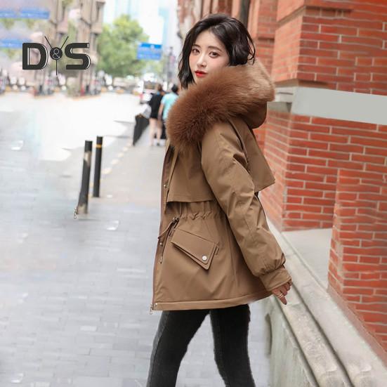 Jaqueta feminina acolchoada, casaco forrado de pelúcia com cordão na cintura, jaqueta acolchoada quente de inverno com capuz de pele sintética para trabalho, moda urbana