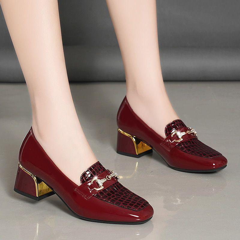 

Новая модная яркая кожаная женская обувь с квадратной головкой, на толстом каблуке, женская обувь на среднем каблуке, кожаная обувь для вечеринок 39 бордовый