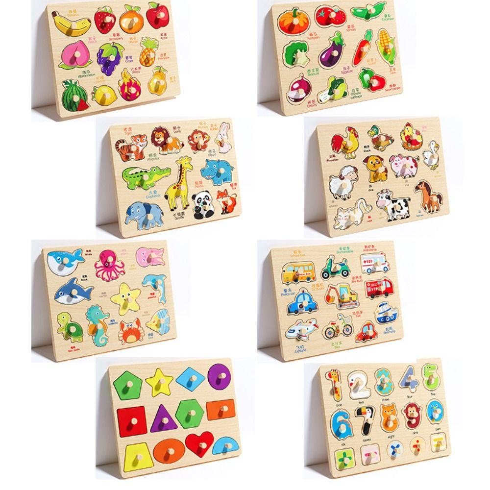 Shape Matching Wooden Puzzle Toys Cartoon Animals Fruits 3D Puzzles  Children