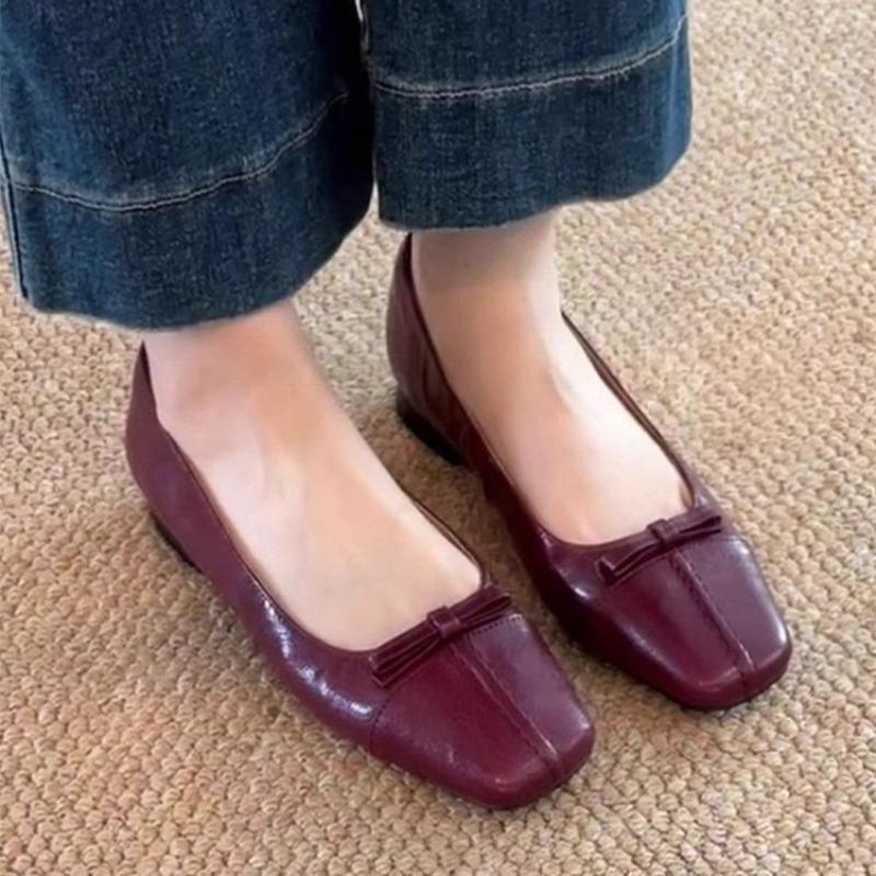 Retro soft leather square head bow single shoes women's Doudou shoes autumn new shallow flat shoes ladyshoes