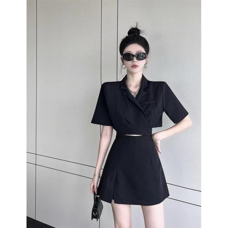 Suit for Women Summer Loose Short Blazer High Waist Slit Pants Skirt Two Piece Set