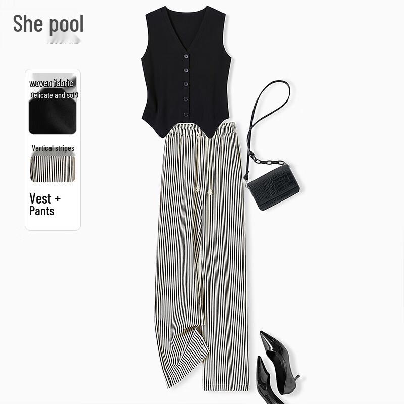 Women s V-neck Vest & Striped Wide-leg Pants Set XL