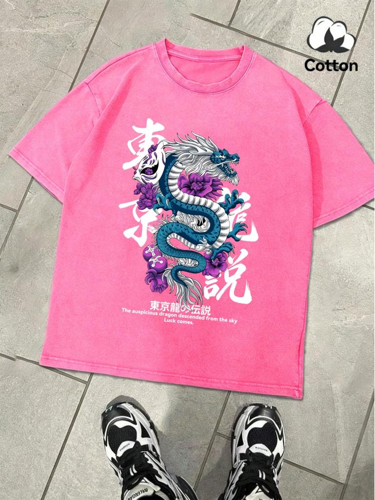 Legend Of The Tokyo Dragon Prints Washed TShirts Mens Oversized Cotton T Shirts Summer ONeck Distressed Tops Basic Clothes