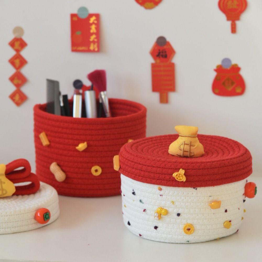 Handmade New Year Storage Basket Decorative Cartoon Cotton Rope Basket with Lid Blessing Sundries Organizer for Cosmetics Snack