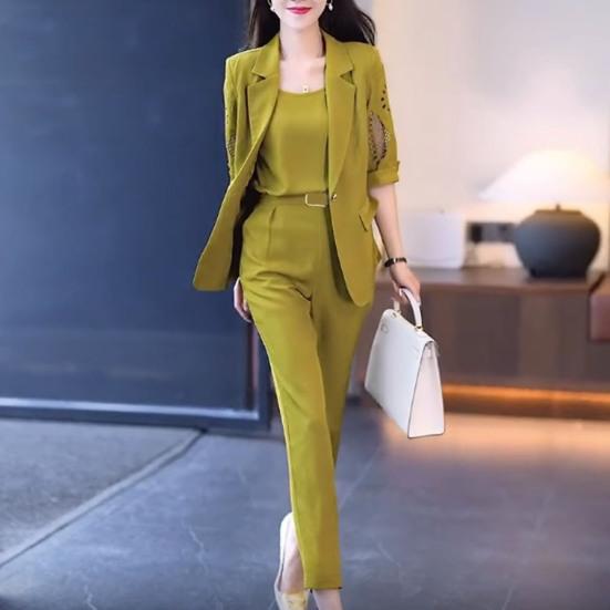Spring Summer Four Seasons Models Ladies Lapel Jacket + Inner + Casual Trousers Suit Profession Three-piece Set 3XL