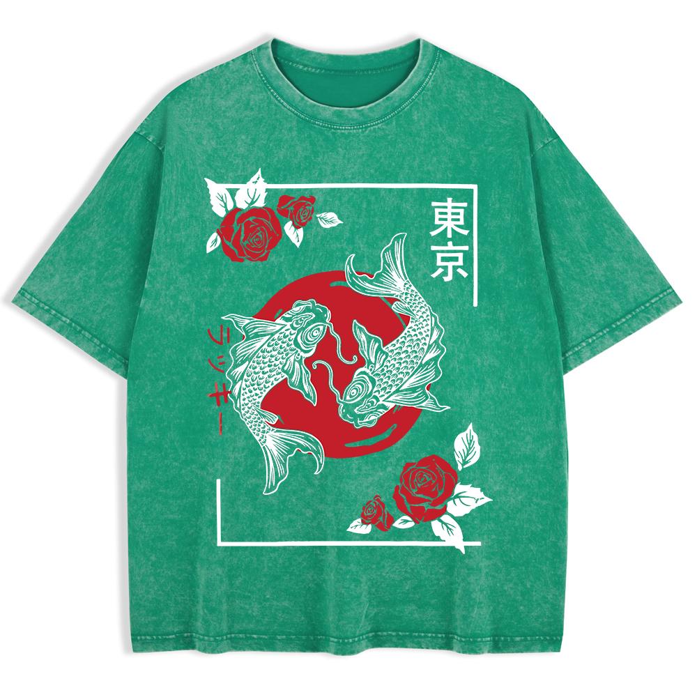 Tokyo Koi Fish Rose Harajuku Washed T-Shirts Mens Cotton Short Sleeve Tops Street O-Neck Oversize T Shirt Summer Clothes