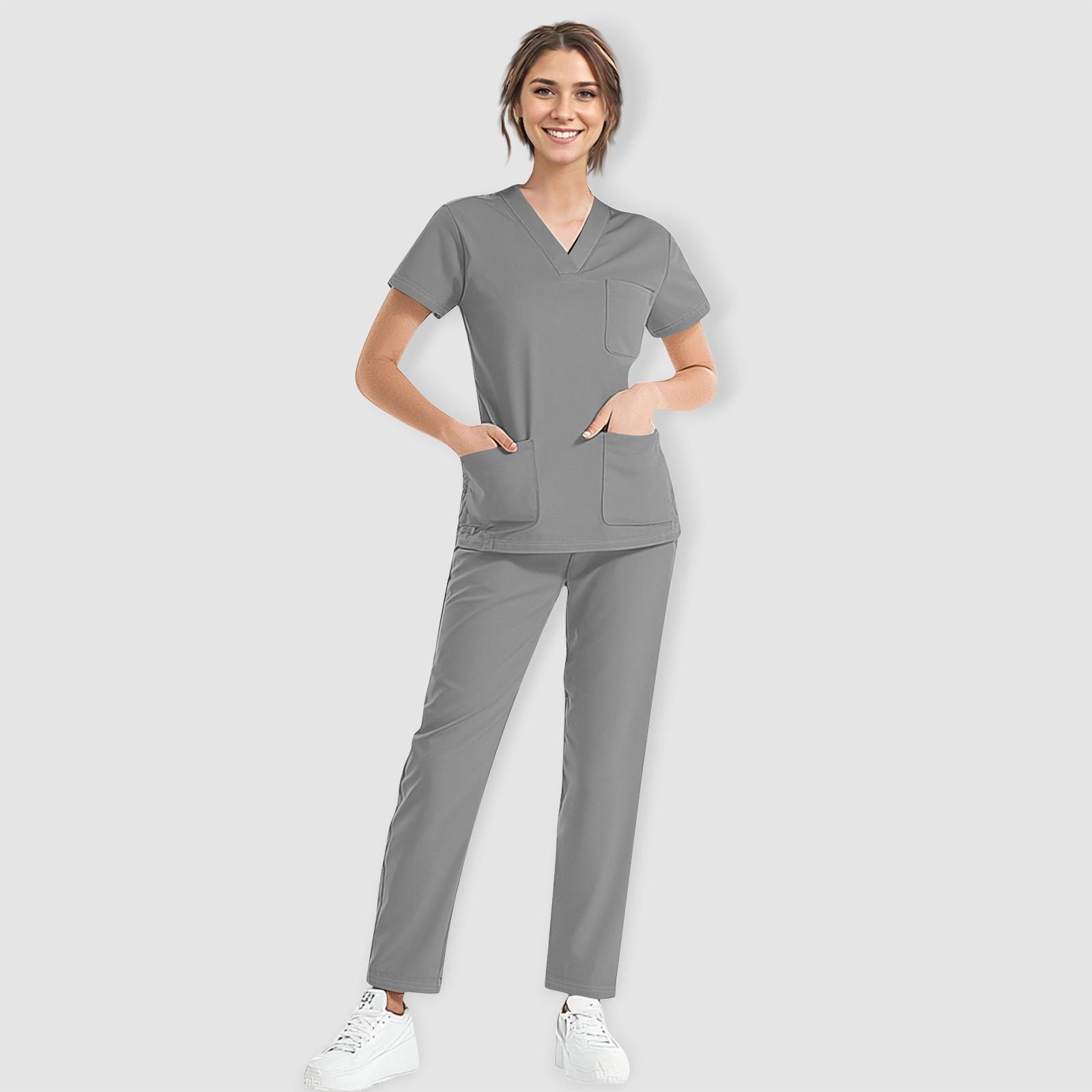 

Женский однотонный рабочий топ с коротким рукавом и V-образным вырезом, нагрудным карманом, эластичный пояс, брюки, комплект из двух предметов, 3 кармана, женские рабочие топы L