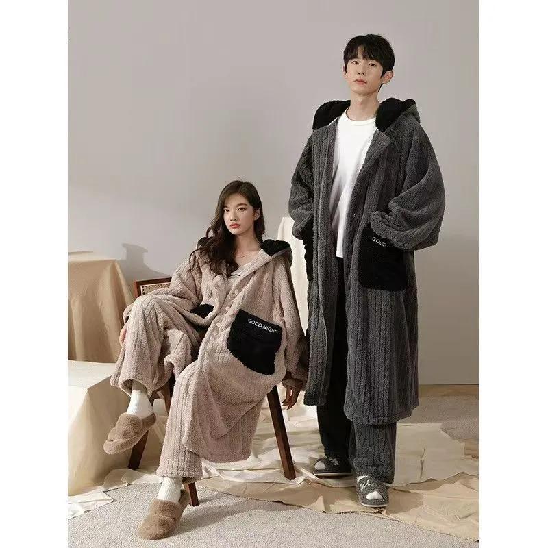 Extra-long Nightgown Pajamas Women's Autumn and Winter One-piece Hooded Coral Fleece Plus Velvet Thick Loose Plus Size Sweater Home Service