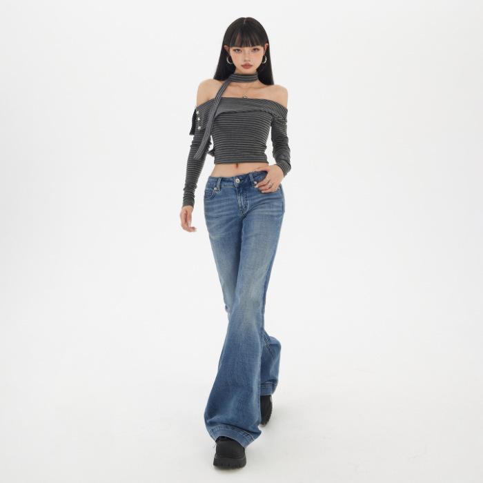 American retro low-rise Spice Girl flared pants slim and thin autumn and winter versatile elastic jeans women's new models