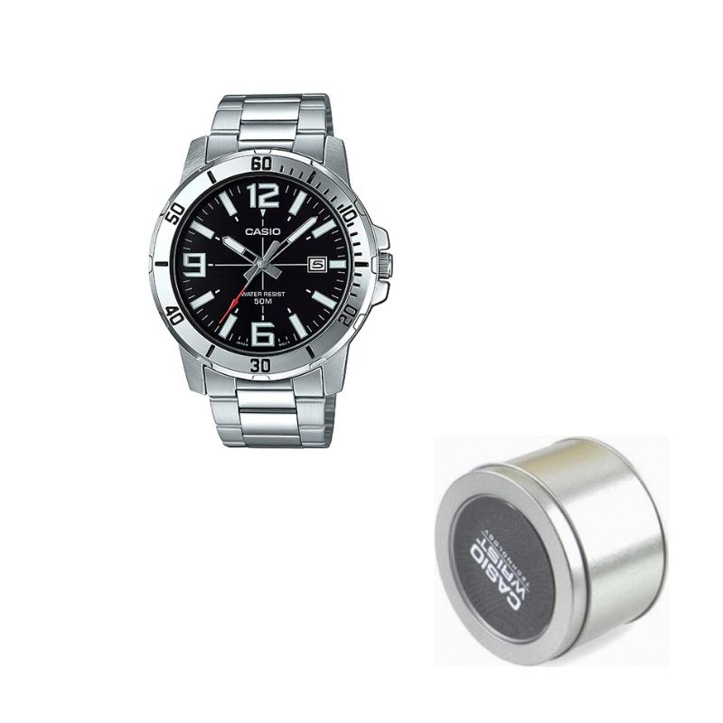 CASIO G Shock MTPVD01D 1B MTP-VD01D-1BV Silver Strap Black Dial