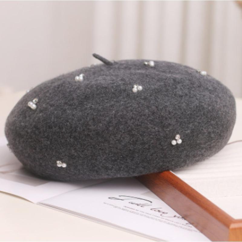 Vintage Wool Beret Pearl Rhinestone Decor Women Autumn Winter Hat Multi Color