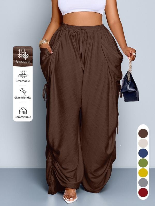 Women's Elastic Drawstring Waist Wide Leg Pants Loose Palazzo Trousers Retro Punk Ruched Casual Pants
