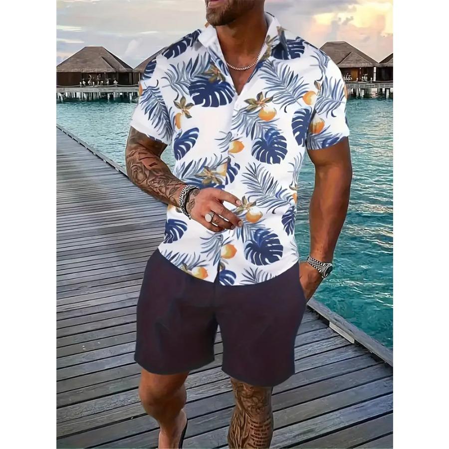 Hawaiian Men's Shirt Set 3D Printed Short-Sleeve Shirt Set Summer Beach Collared Two-Piece Shirt