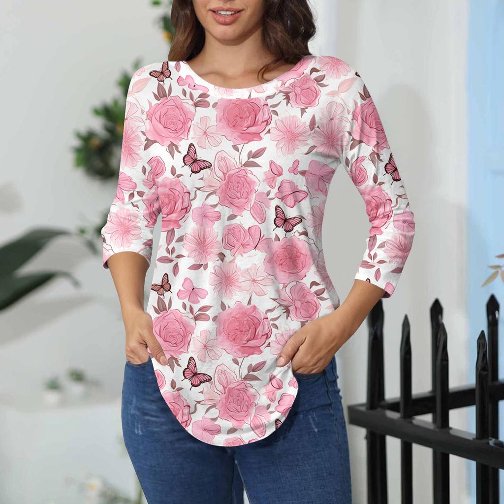 Damen-T-Shirts, 3/4-Ärmel, einfarbig, Pullover, Sommer, Frühling, Tops, Blusen