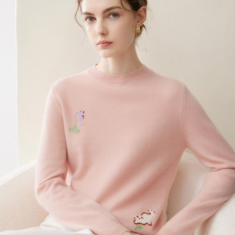 Women's 100% Pure Cashmere Sweater - Autumn/Winter, Versatile Round Neck, Loose Fit, Pink Knit