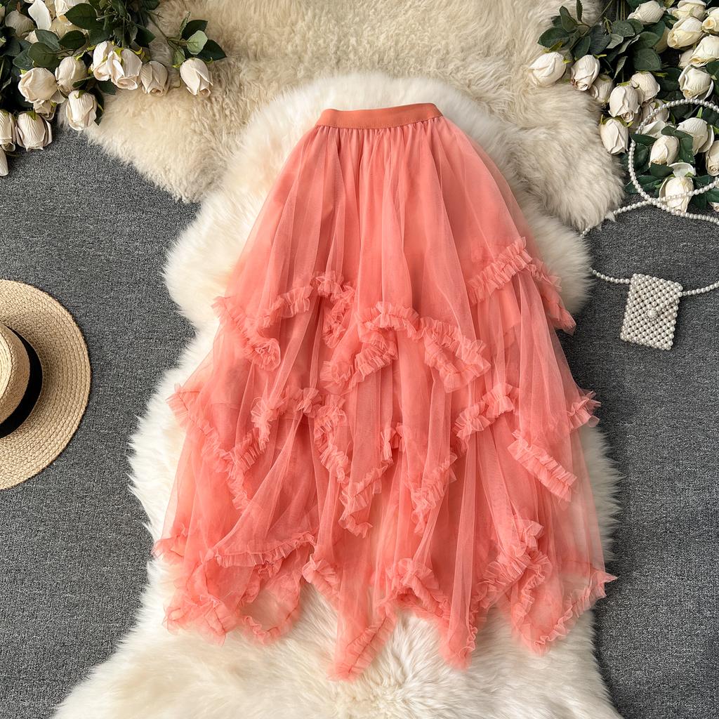 Letní Dámská Elegantní Elastická Vysoký Pas Síťovaná Princeznovská Dlouhá Midi Nepravidelná Dortová Sukně
